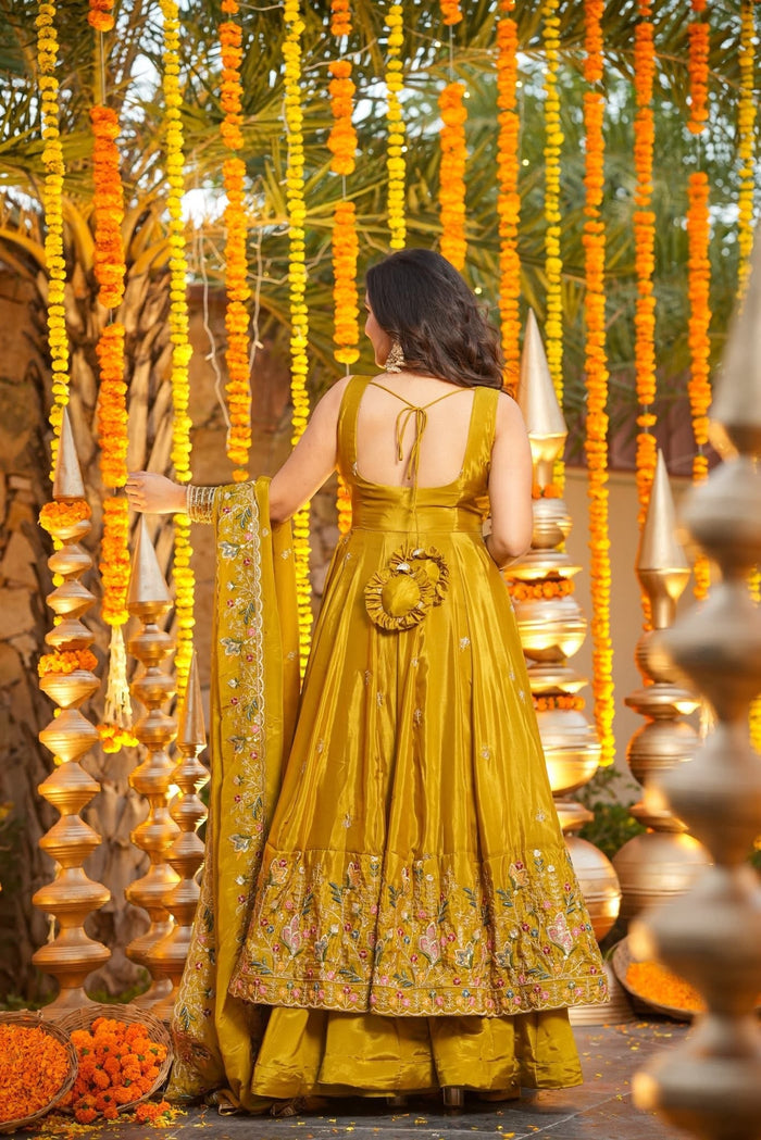 Mustard Yellow Floral Embroidered Silk Anarkali Set