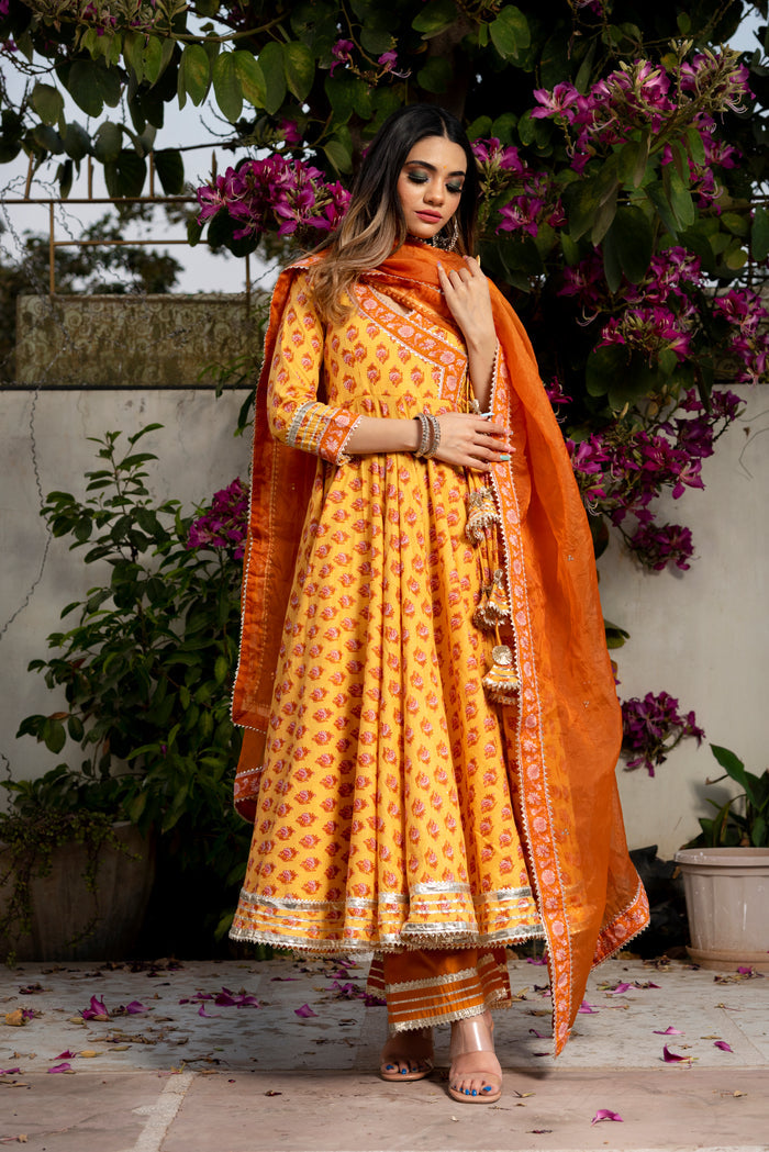 Mustard Yellow Floral Printed Cotton Anarkali Set With Zari Border