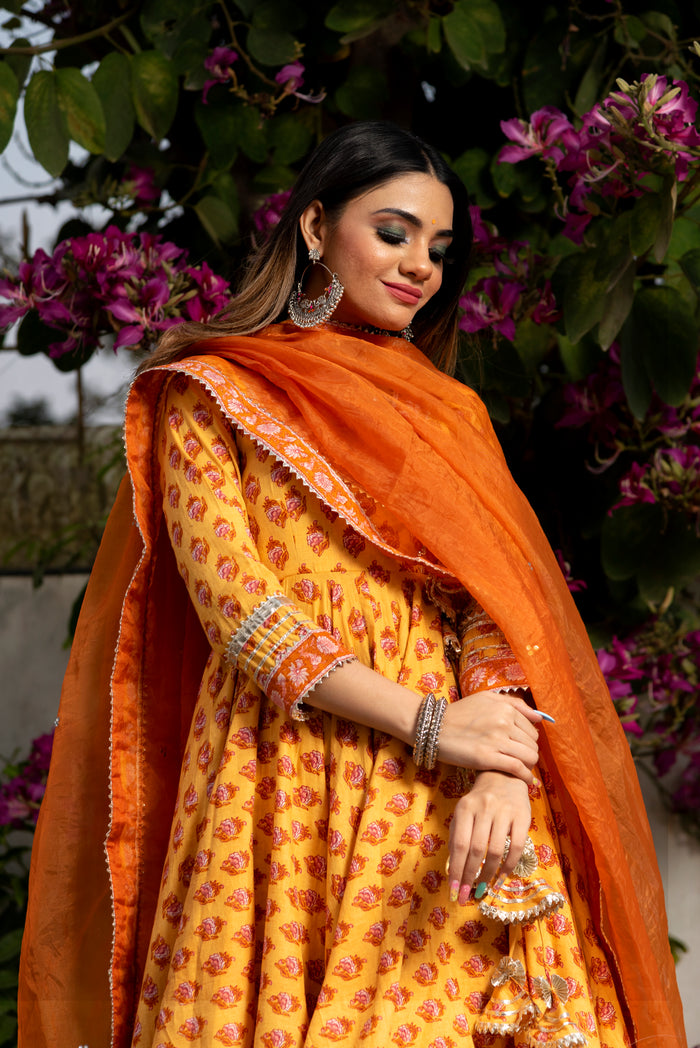 Mustard Yellow Floral Printed Cotton Anarkali Set With Zari Border