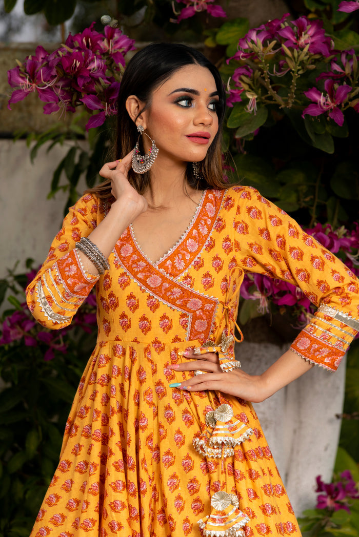 Mustard Yellow Floral Printed Cotton Anarkali Set With Zari Border