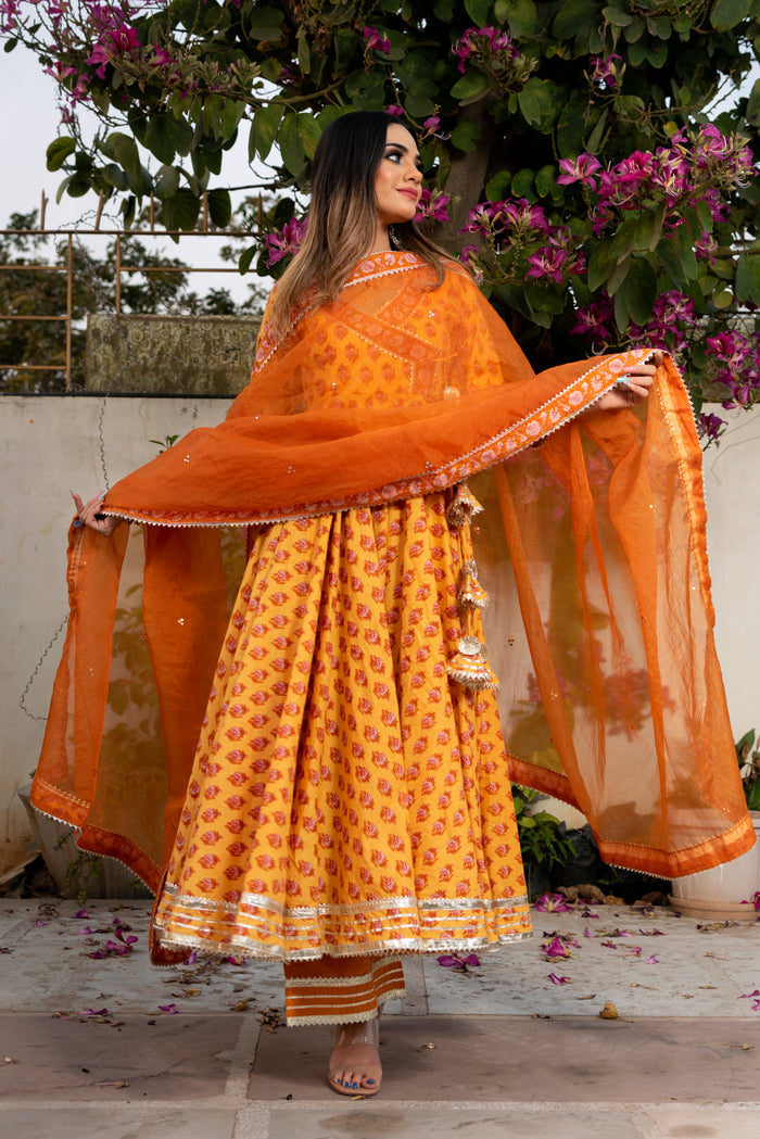 Mustard Yellow Floral Printed Cotton Anarkali Set With Zari Border