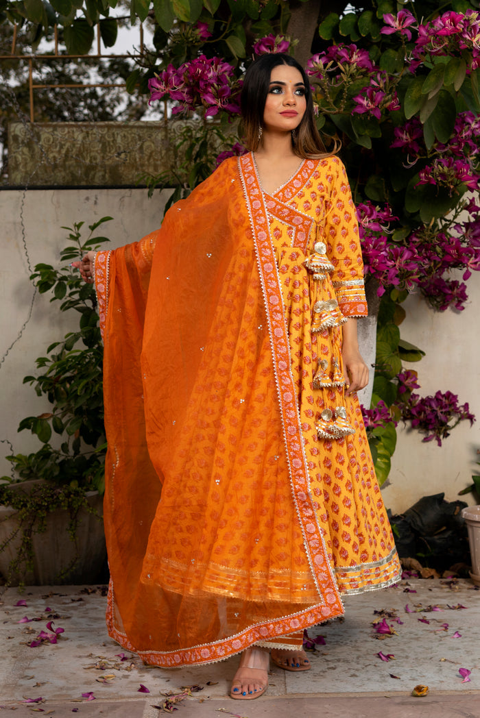 Mustard Yellow Floral Printed Cotton Anarkali Set With Zari Border
