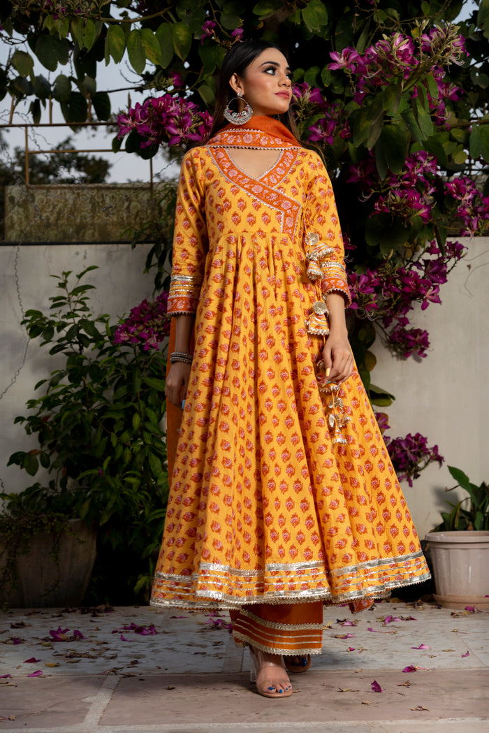 Mustard Yellow Floral Printed Cotton Anarkali Set With Zari Border