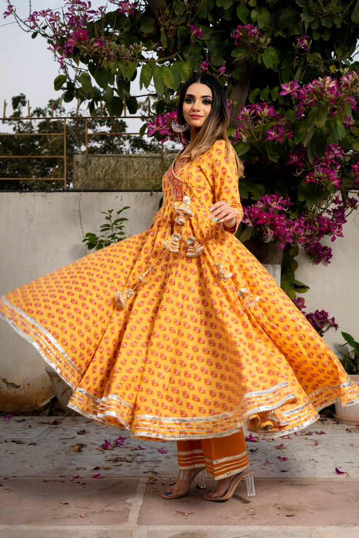 Mustard Yellow Floral Printed Cotton Anarkali Set With Zari Border