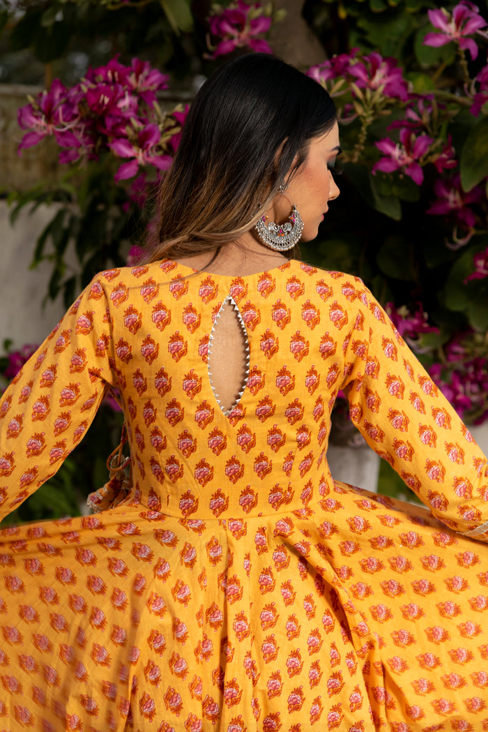 Mustard Yellow Floral Printed Cotton Anarkali Set With Zari Border