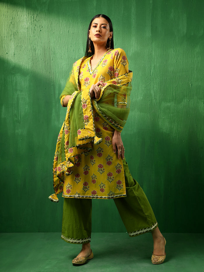 Mustard Yellow Floral Printed Cotton Salwar Set With Olive Pants