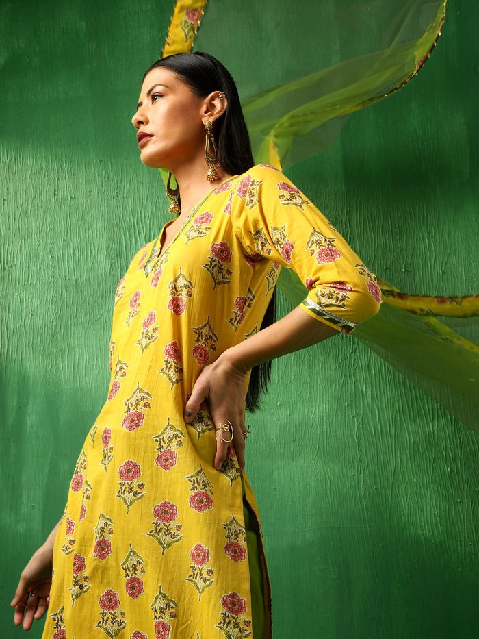 Mustard Yellow Floral Printed Cotton Salwar Set With Olive Pants