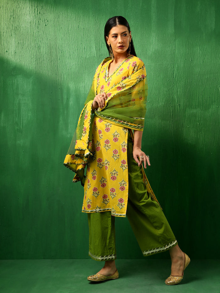 Mustard Yellow Floral Printed Cotton Salwar Set With Olive Pants