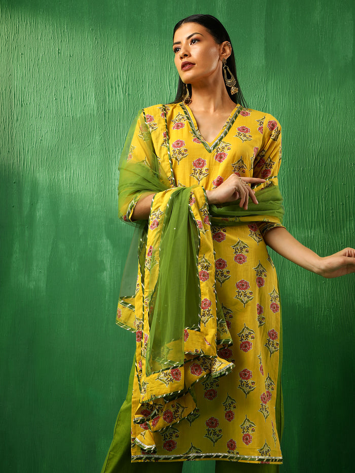 Mustard Yellow Floral Printed Cotton Salwar Set With Olive Pants