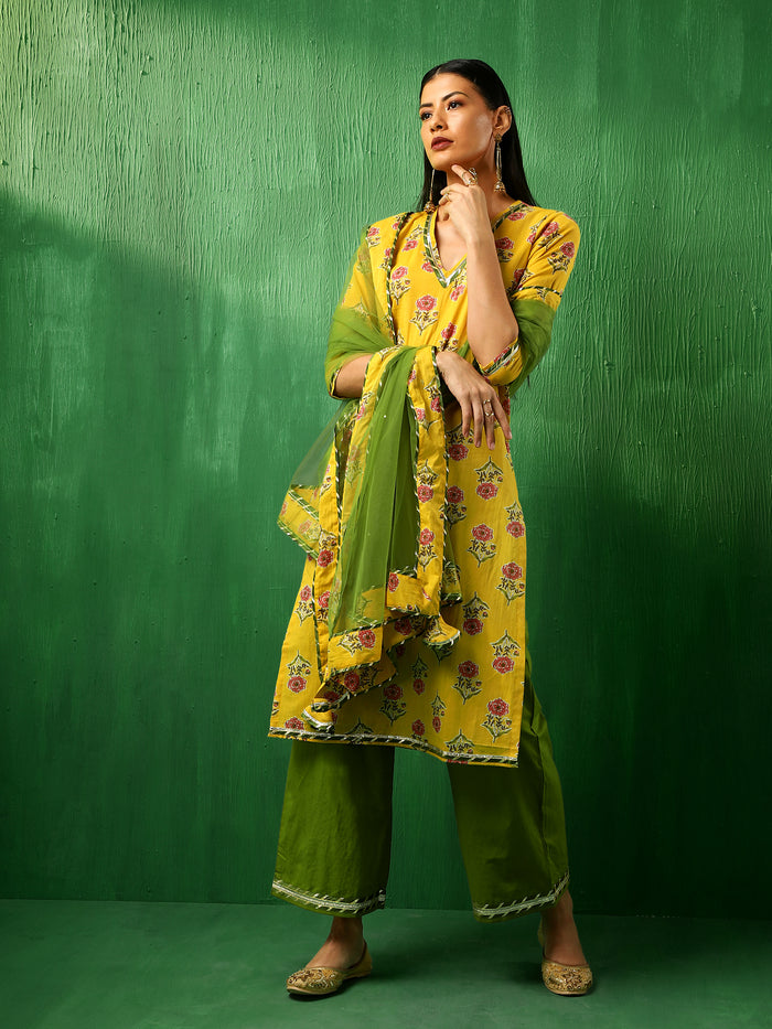 Mustard Yellow Floral Printed Cotton Salwar Set With Olive Pants