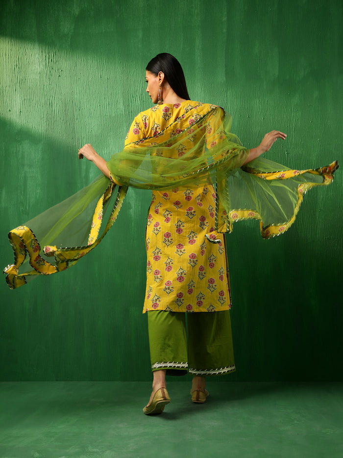 Mustard Yellow Floral Printed Cotton Salwar Set With Olive Pants