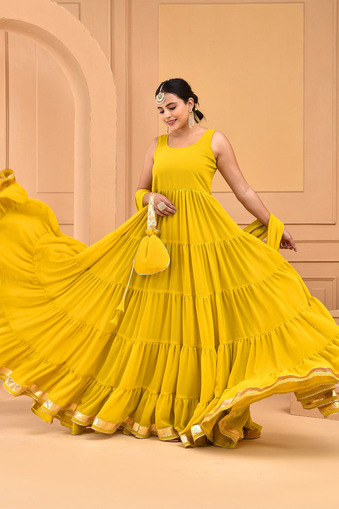 Mustard Yellow Georgette Layered Anarkali Set