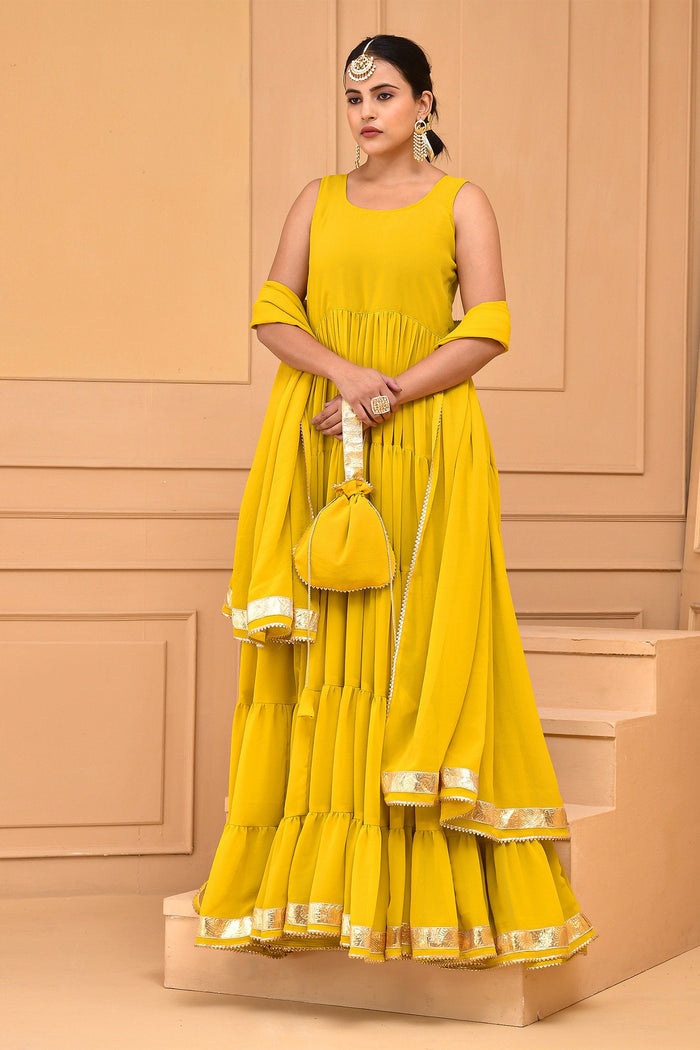 Mustard Yellow Georgette Layered Anarkali Set