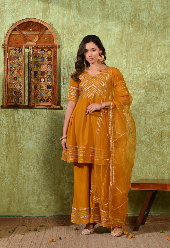 Mustard Yellow Rayon Embroidered Kurta Set