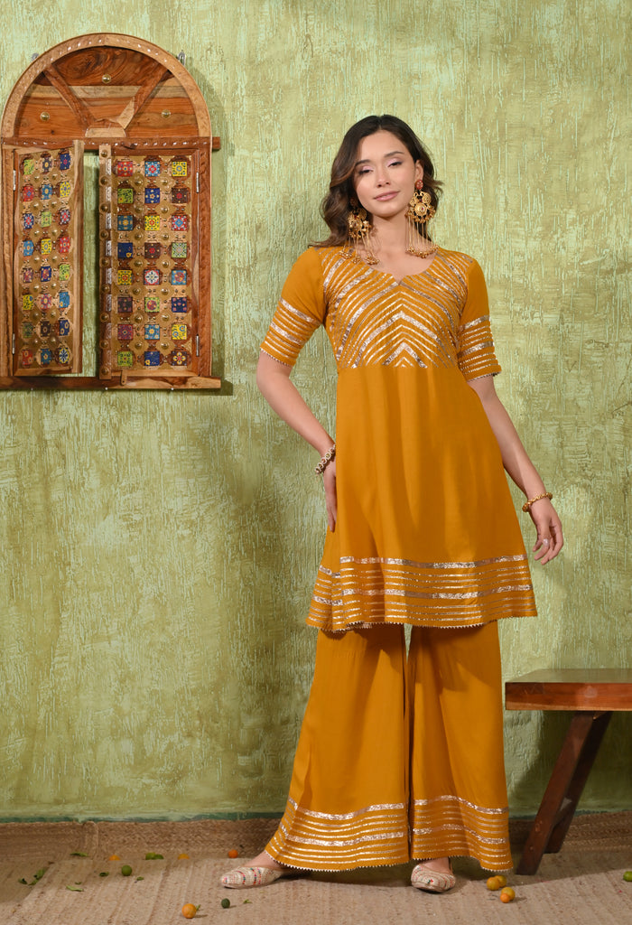Mustard Yellow Rayon Embroidered Kurta Set