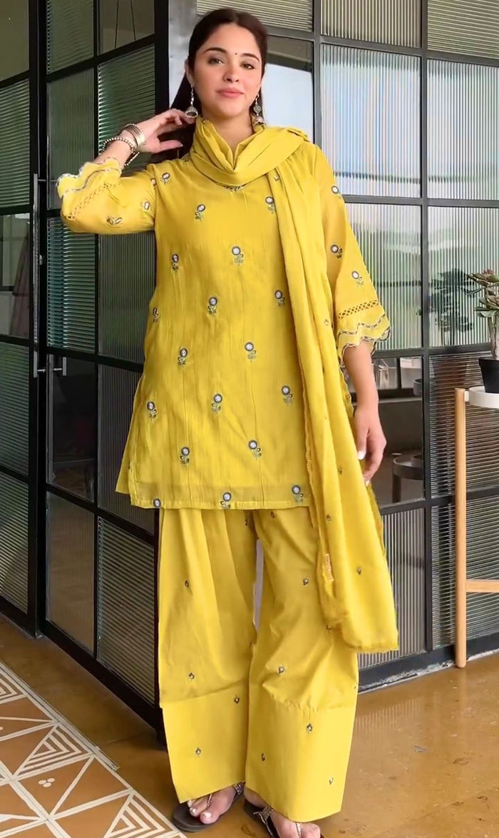 Mustard Yellow Satin Kurti With Floral Embroidery