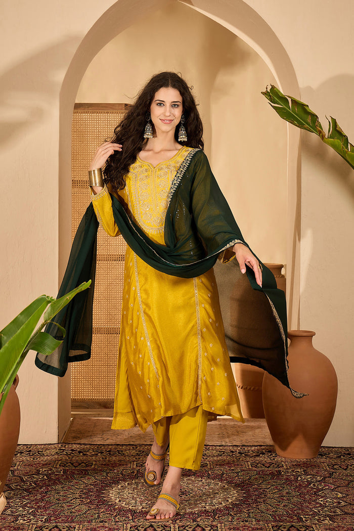 Mustard Yellow Silk Sequin Work Kurta Set