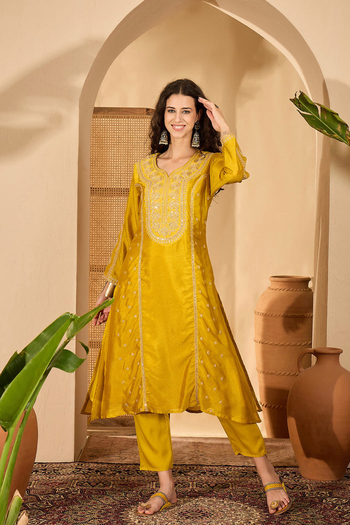 Mustard Yellow Silk Sequin Work Kurta Set