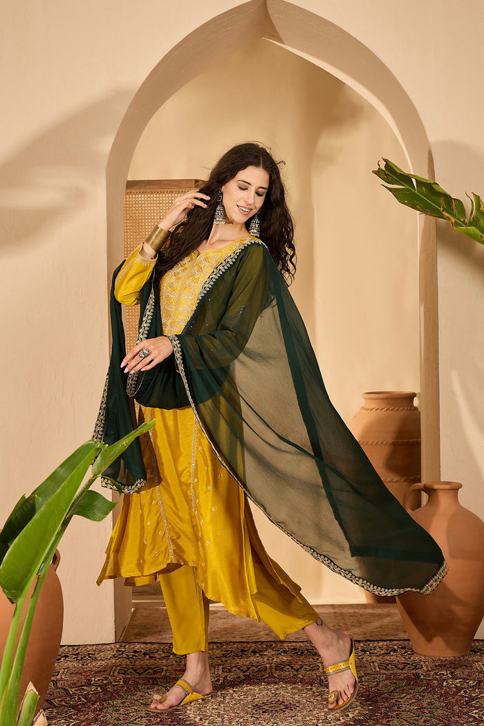 Mustard Yellow Silk Sequin Work Kurta Set