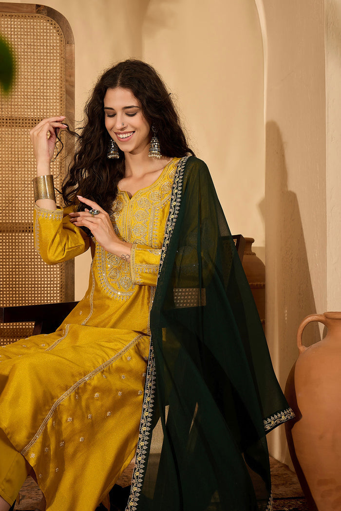 Mustard Yellow Silk Sequin Work Kurta Set