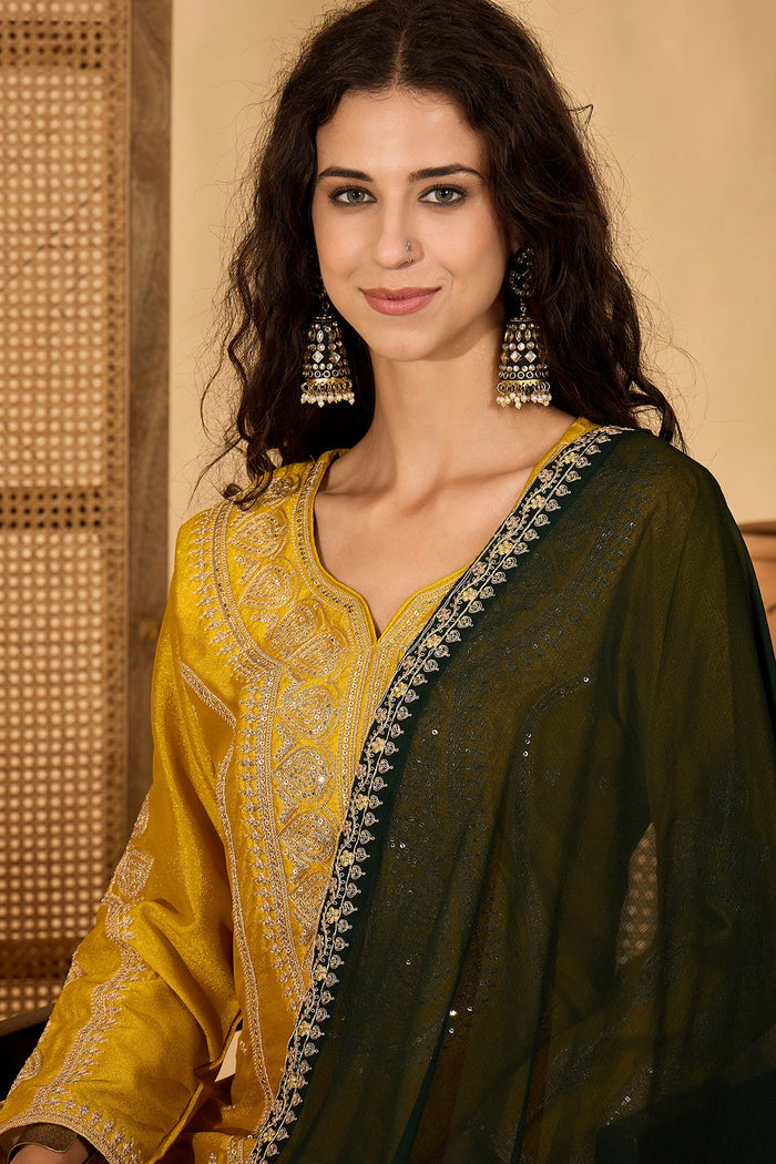 Mustard Yellow Silk Sequin Work Kurta Set