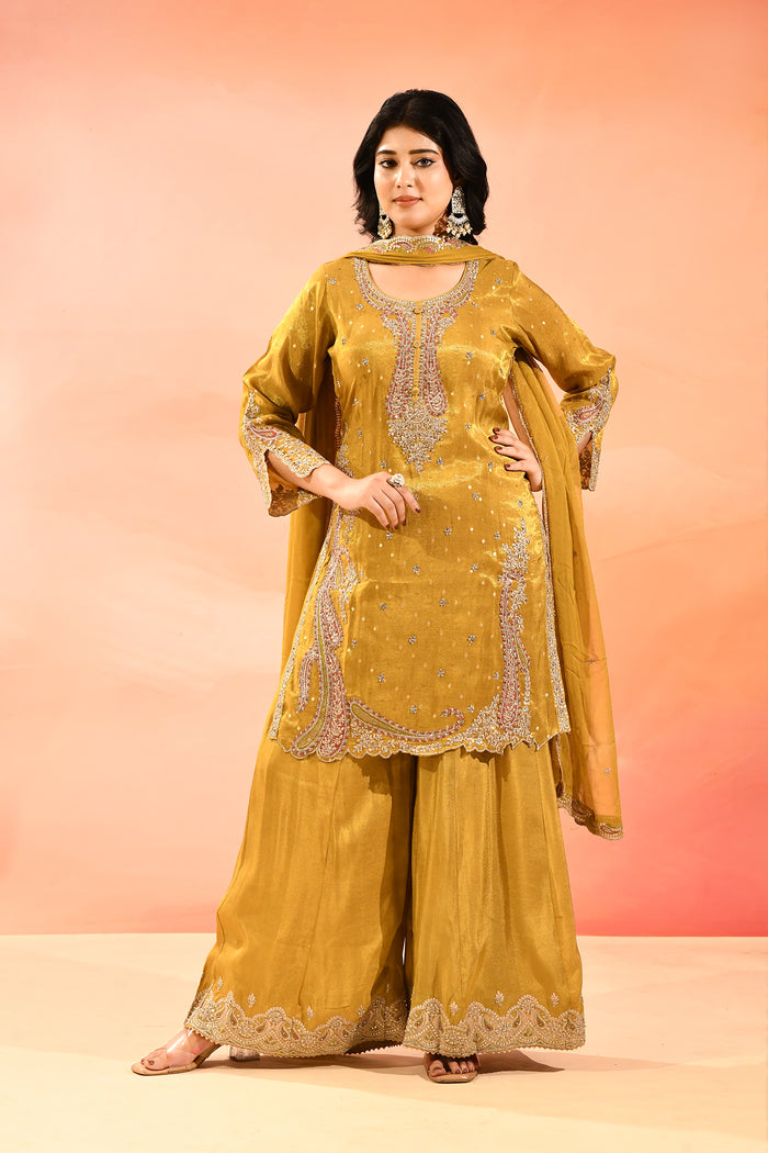 Mustard Yellow Tissue Embroidery Straight Cut Suit