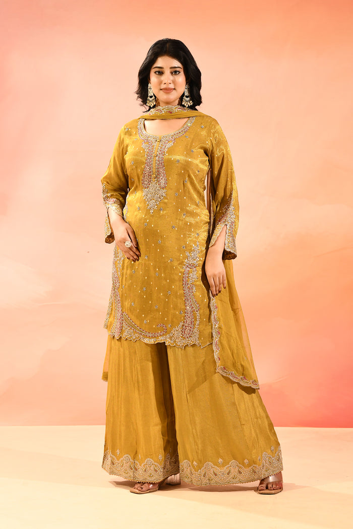 Mustard Yellow Tissue Embroidery Straight Cut Suit