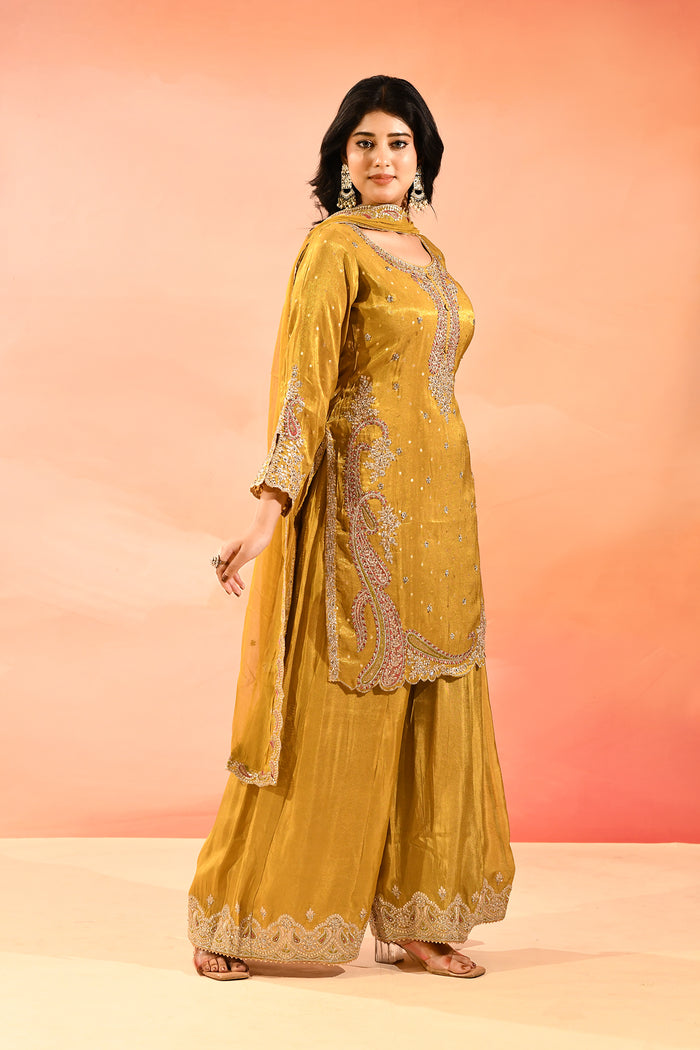 Mustard Yellow Tissue Embroidery Straight Cut Suit