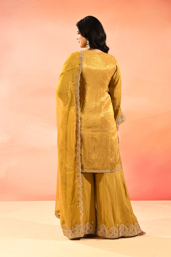 Mustard Yellow Tissue Embroidery Straight Cut Suit