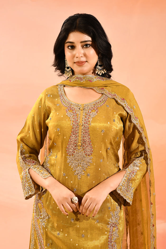 Mustard Yellow Tissue Embroidery Straight Cut Suit