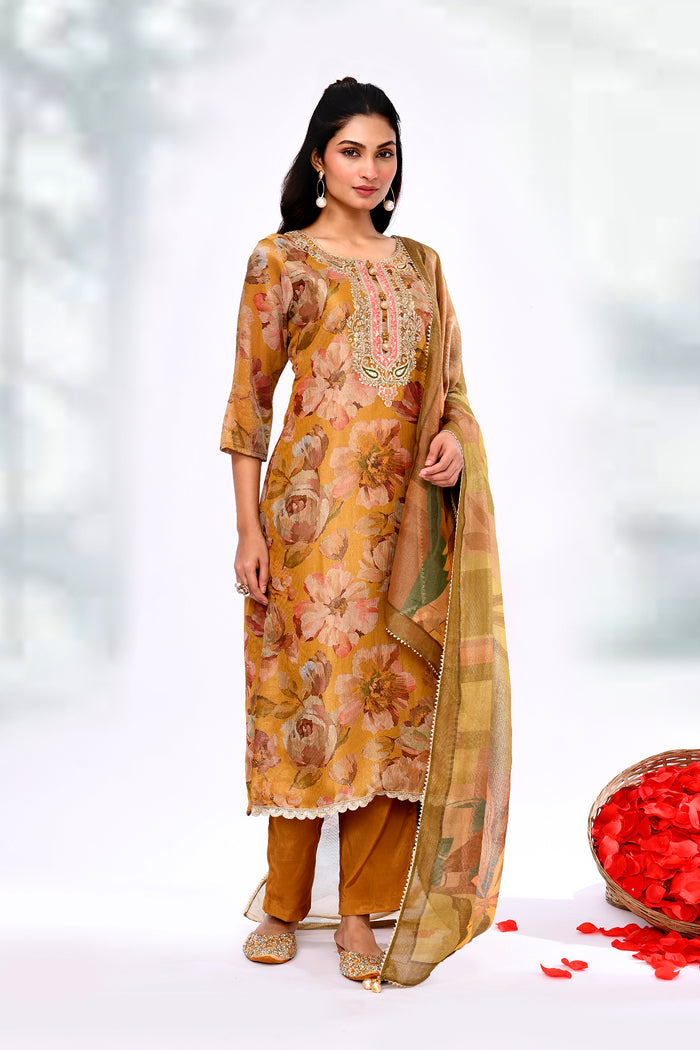 Mustard Yellow Tissue Floral Printed Kurta Set