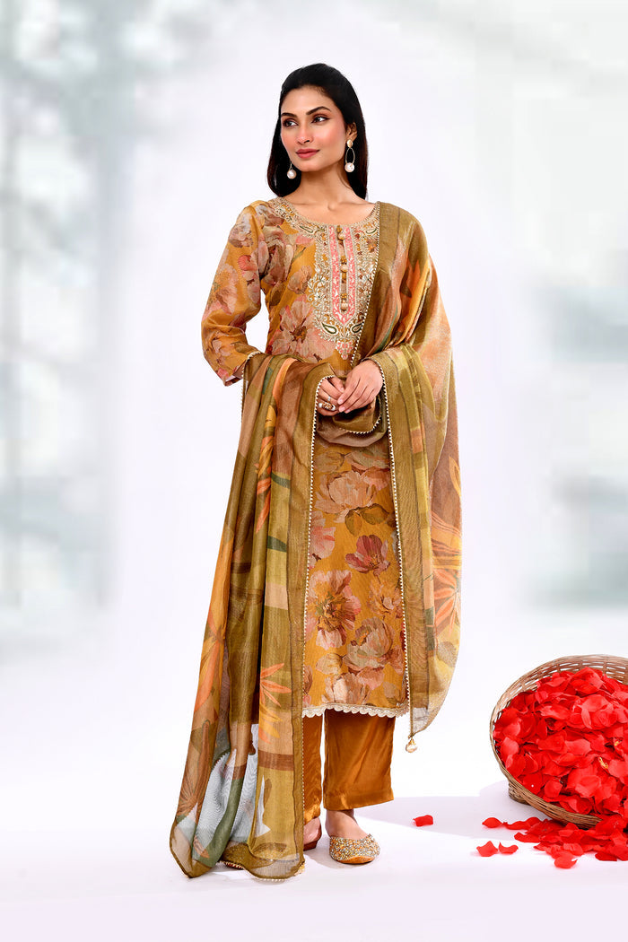 Mustard Yellow Tissue Floral Printed Kurta Set