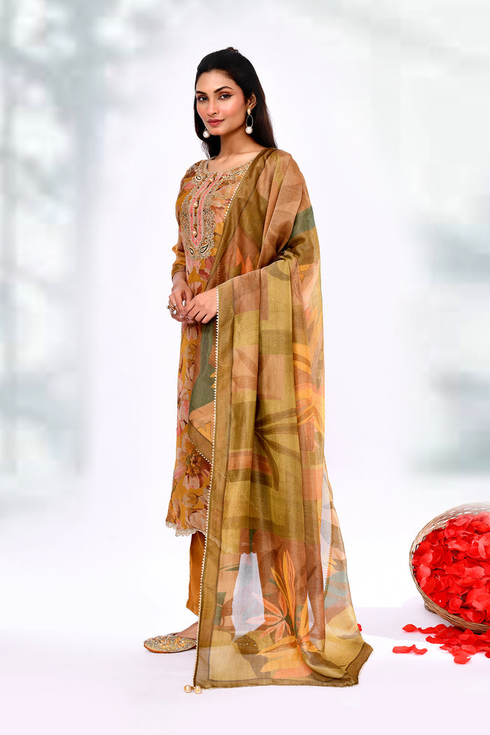 Mustard Yellow Tissue Floral Printed Kurta Set