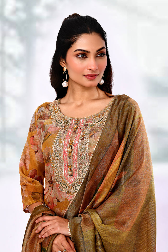 Mustard Yellow Tissue Floral Printed Kurta Set