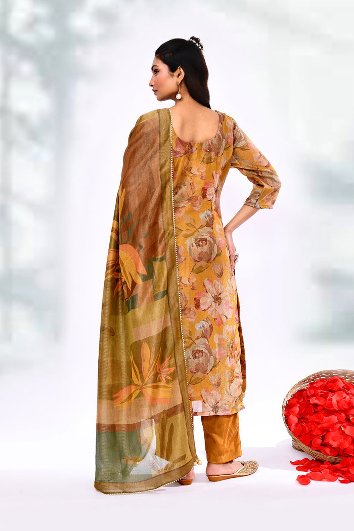 Mustard Yellow Tissue Floral Printed Kurta Set