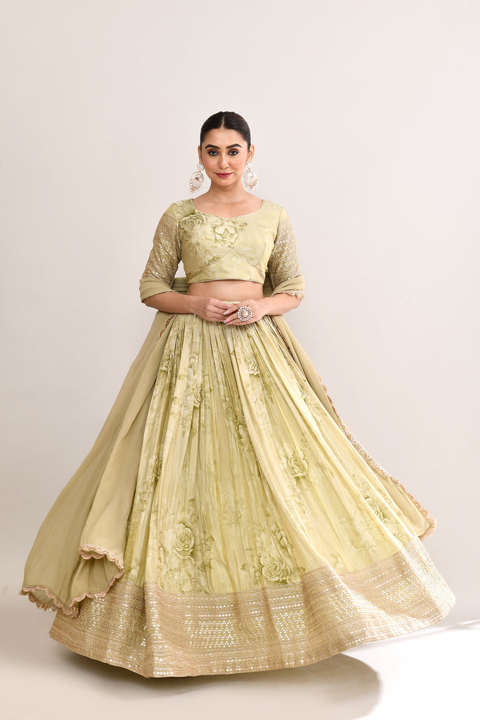 Muted Pastel Green Satin Floral Printed Lehenga Set