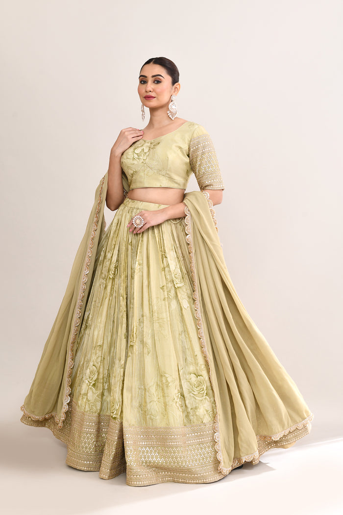 Muted Pastel Green Satin Floral Printed Lehenga Set