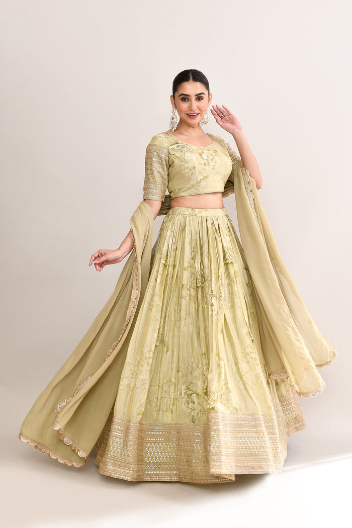 Muted Pastel Green Satin Floral Printed Lehenga Set