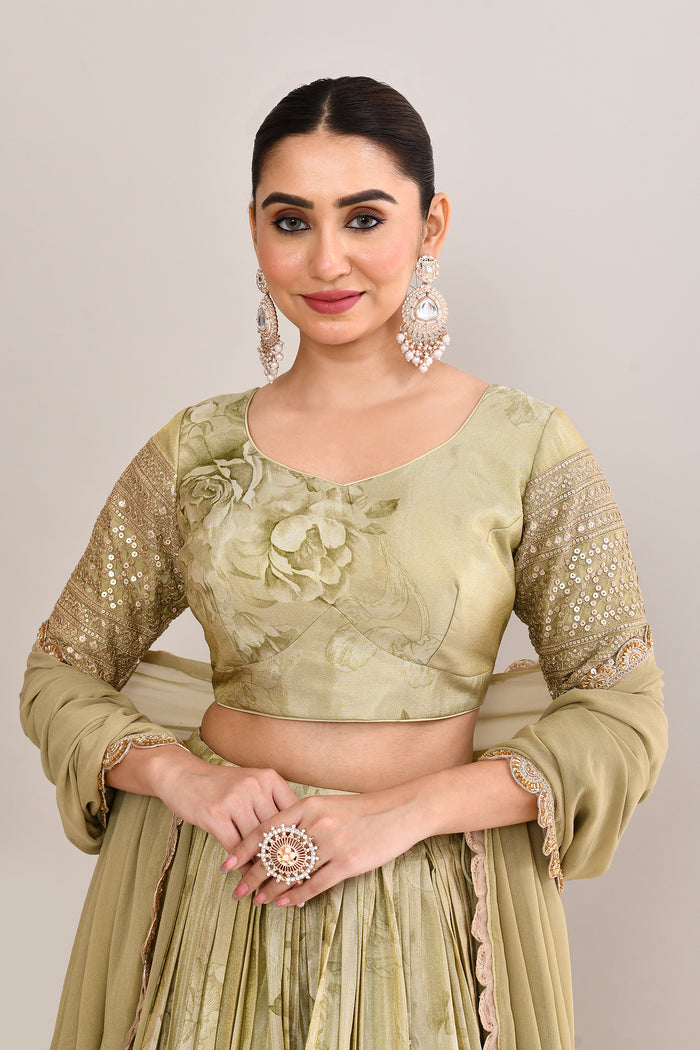Muted Pastel Green Satin Floral Printed Lehenga Set