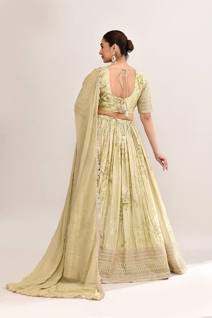 Muted Pastel Green Satin Floral Printed Lehenga Set