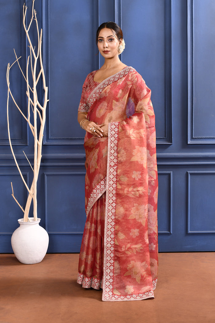 Muted Pink Floral Printed Tissue Saree