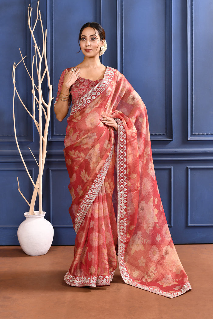 Muted Pink Floral Printed Tissue Saree