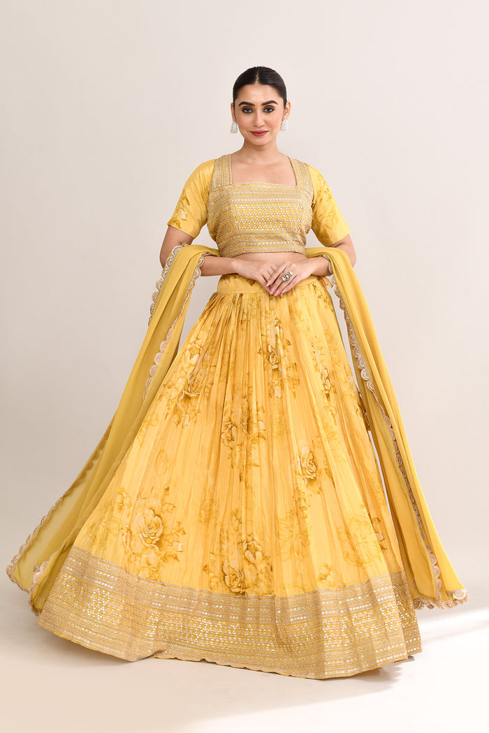 Muted Yellow Satin Floral Printed Lehenga Set