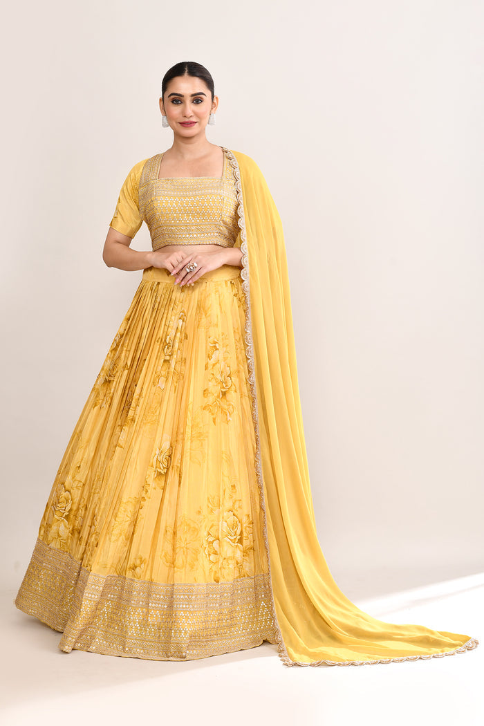 Muted Yellow Satin Floral Printed Lehenga Set