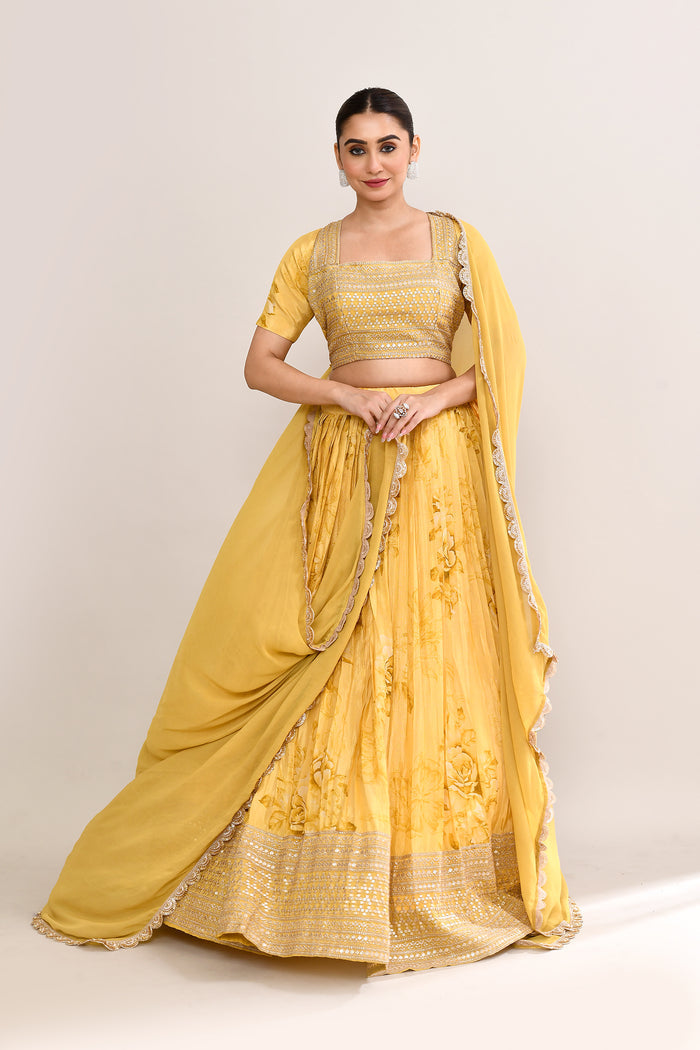 Muted Yellow Satin Floral Printed Lehenga Set