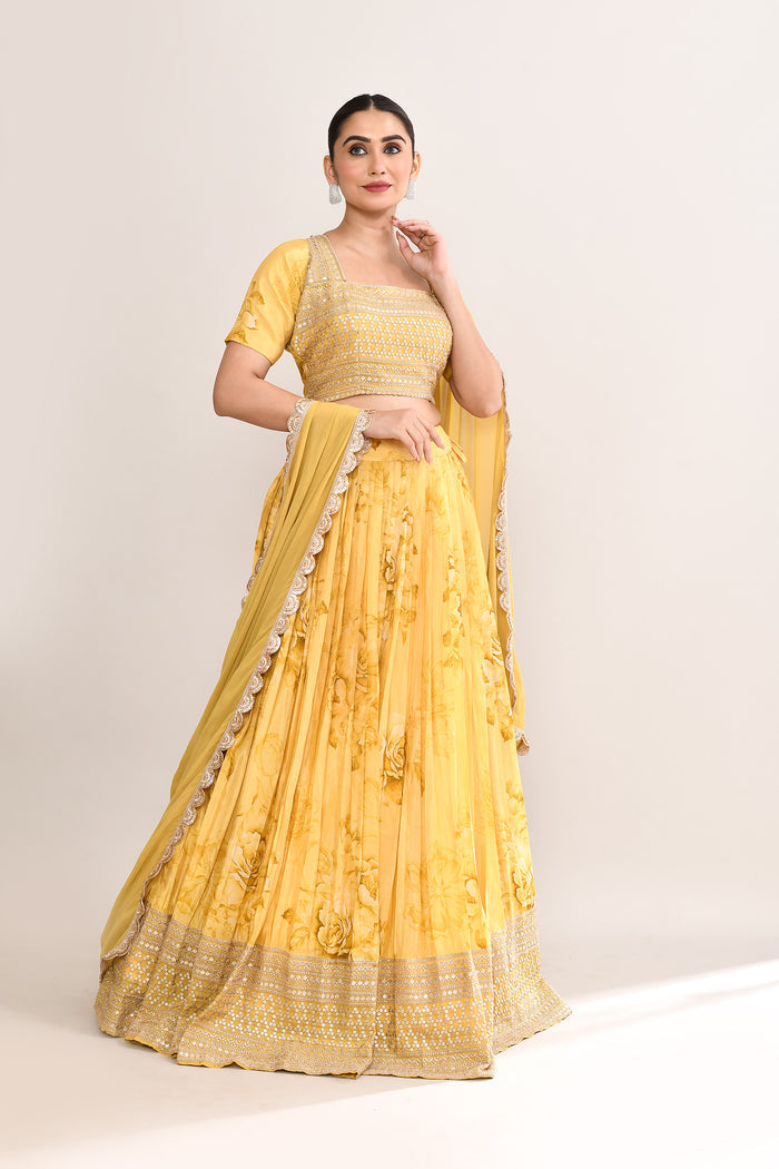 Muted Yellow Satin Floral Printed Lehenga Set
