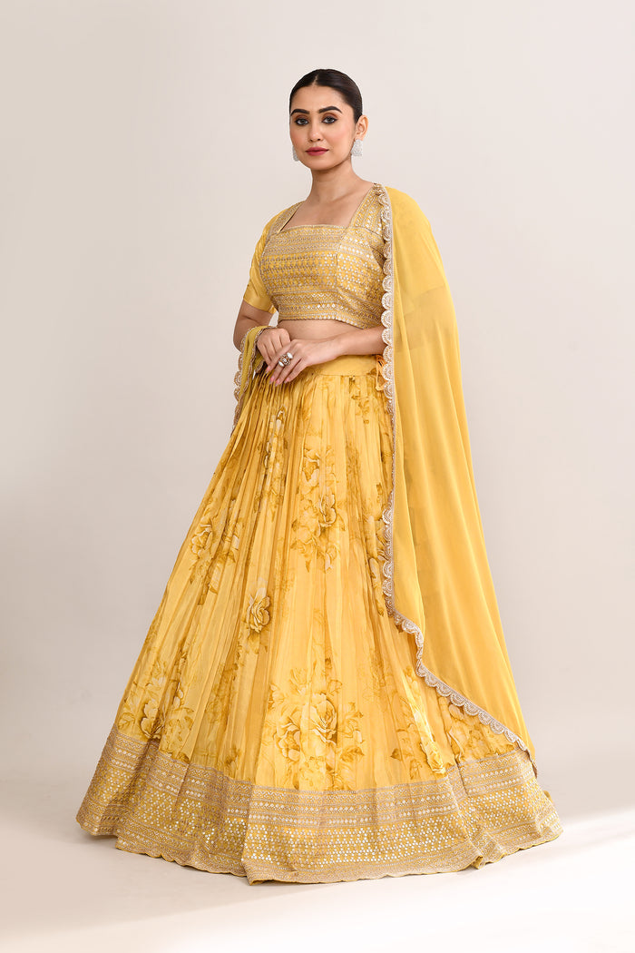 Muted Yellow Satin Floral Printed Lehenga Set