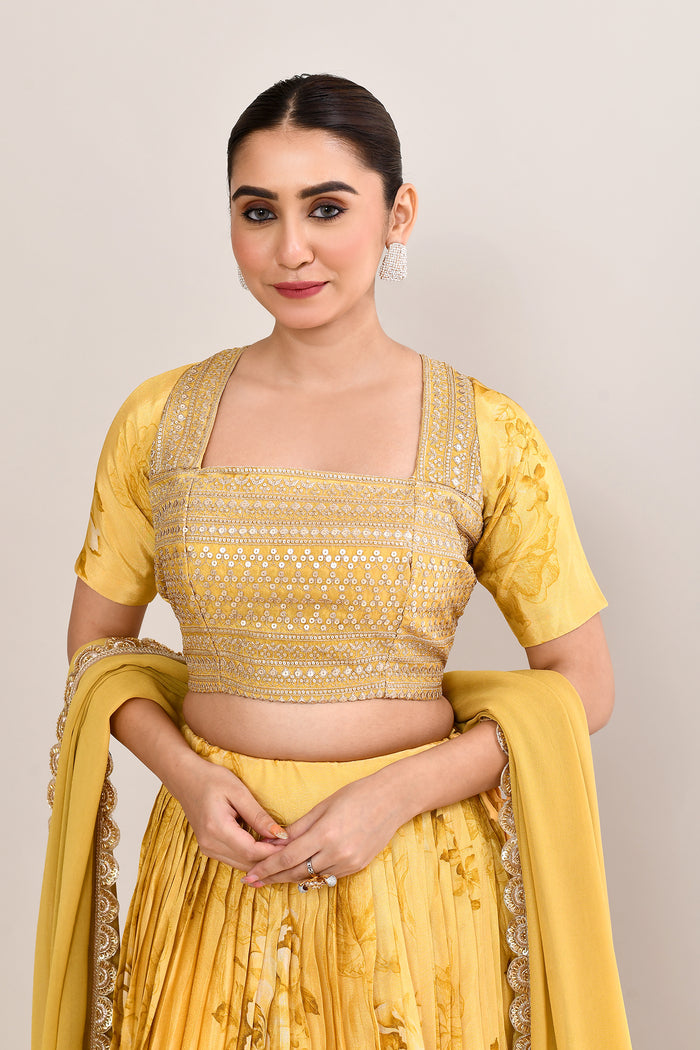 Muted Yellow Satin Floral Printed Lehenga Set
