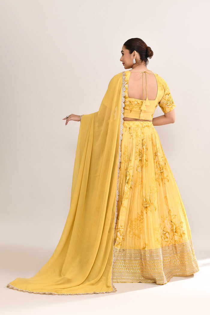 Muted Yellow Satin Floral Printed Lehenga Set