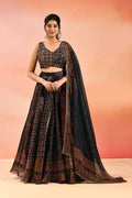 Navy Ajrakh Printed Organza Tissue Lehenga